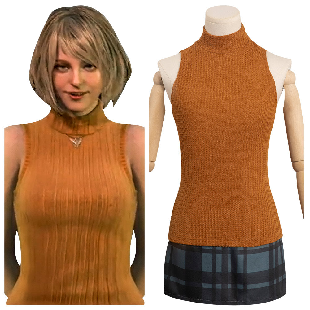 Resident Evil 4 Remake Ashley Graham Orange Top and Skirt Cosplay Set Halloween Carnival Party Disguise Suit